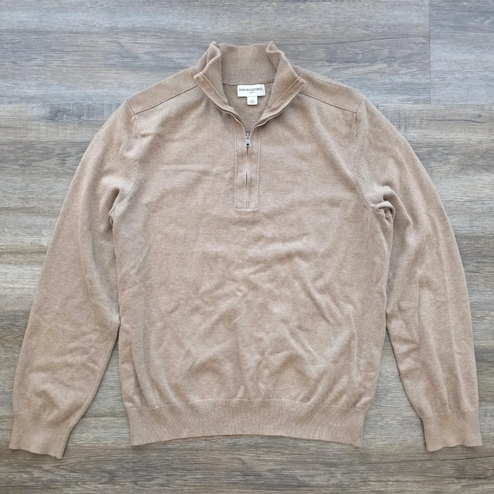 Banana Republic Mens Tan Quarter Zip Cotton Knit Pullover Sweater Medium